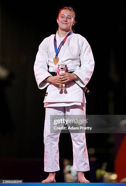 Gold medalist Laurence Biron of Team Canada poses for a photo during the medal ceremony for the Women's Judo -63 kg on day nine of the Glasgow 2026...
