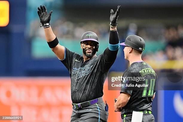 Yandy Díaz of the Tampa Bay Rays reacts after hitting a single in the fourth inning against the Chicago White Sox at Tropicana Field on August 01,...