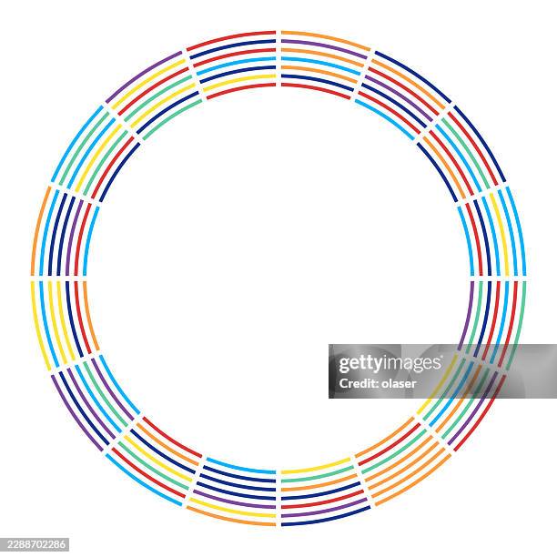 colorful segmented circular ring made of thin curved lines on a white background, forming a clean geometric frame with bright rainbow tones and a minimal modern look. - round table stock illustrations