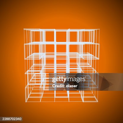 White wireframe geometric structure centered on a bright orange background, forming a layered cube-like grid with clean lines and symmetrical perspective. White wireframe geometric structure centered on a bright orange background, forming a layered cube-like grid with clean lines and symmetrical perspective.