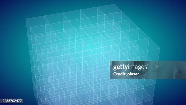 transparent wireframe cube structure floating over a blue gradient background with intersecting white lines and a glowing cyan center, creating a clean futuristic technical look. - digital twin stock illustrations