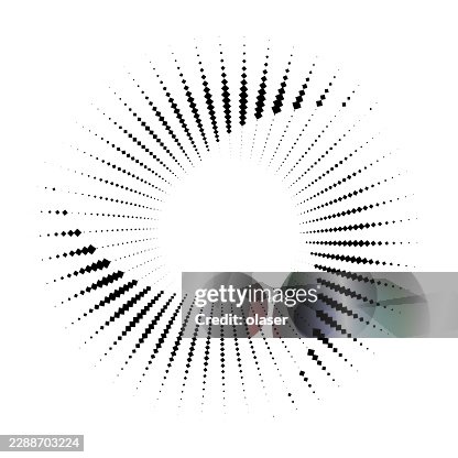 Black dotted rays form a circular sunburst pattern around a blank white center on a plain white background. Black dotted rays form a circular sunburst pattern around a blank white center on a plain white background.