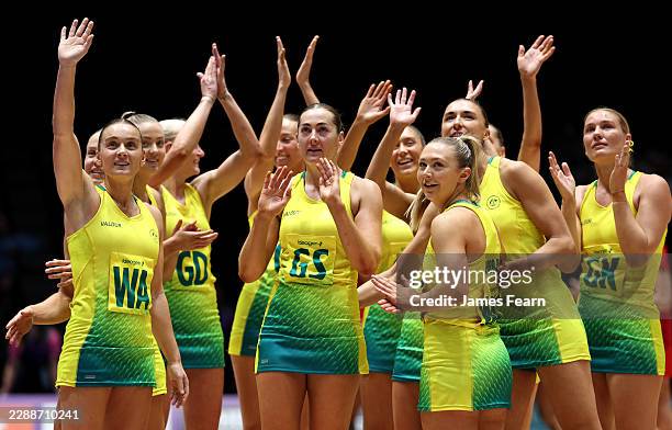 Bronze medalist of Team Australia acknowledges the crowd after victory in the Bronze Medal Match between Team Australia and Team England on day ten...