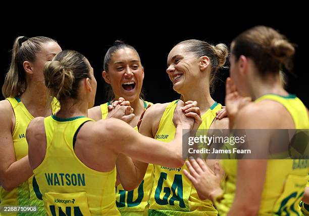 Kiera Austin of Team Australia celebrates with teammates after victory in the Bronze Medal Match between Team Australia and Team England on day ten...