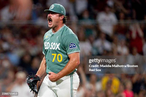 Payton Tolle of the Boston Red Sox reacts after a strikeout during the sixth inning of a game against the Athletics on August 7, 2026 at Fenway Park...