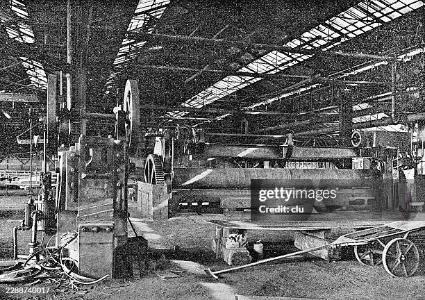 plate rolling machine for shaping outer hull plates at the harland & wolff shipyard in belfast — heavy industrial rollers bend steel sheets for ship construction - belfast stock illustrations