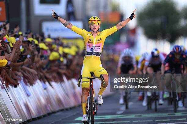 Lorena Wiebes of Netherlands and Team SD Worx - Protime - Yellow leader jersey celebrates at finish line as stage winner during the 5th Tour de...