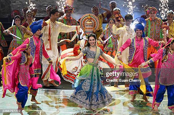 Manushi Chhillar performs with the Shiamak Davar Dance Troupe during the Closing Ceremony on day ten of the Glasgow 2026 Commonwealth Games at The...
