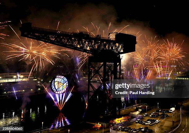 Fireworks display takes place on the River Clyde during the Closing Ceremony on day ten of the Glasgow 2026 Commonwealth Games at The Hydro on August...