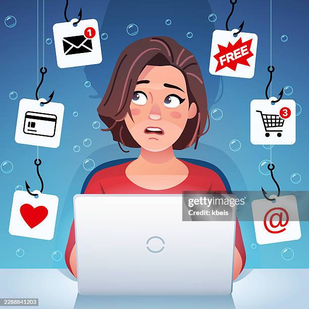 square phishing attack concept - suspicious young woman at laptop surrounded by fishing hooks - scammer stock illustrations