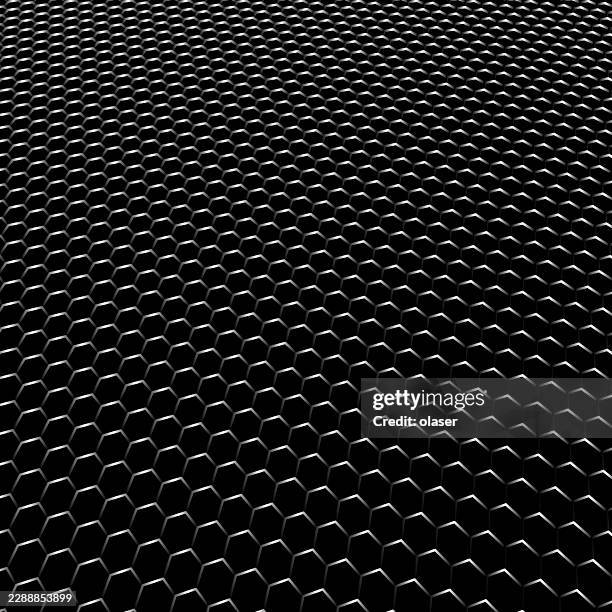 dark hexagonal grid pattern with metallic highlights stretching into the distance, creating a sleek textured surface with strong depth and repeating geometric form. - floor scale vector stock illustrations