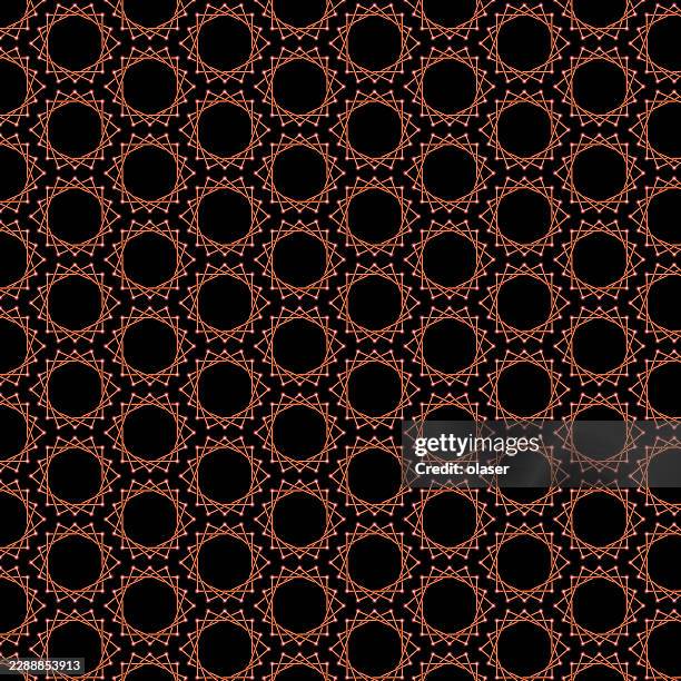 repeating orange geometric starburst rings form a seamless decorative pattern on a black background, creating a bold lattice-like wallpaper design. - star pattern stock illustrations