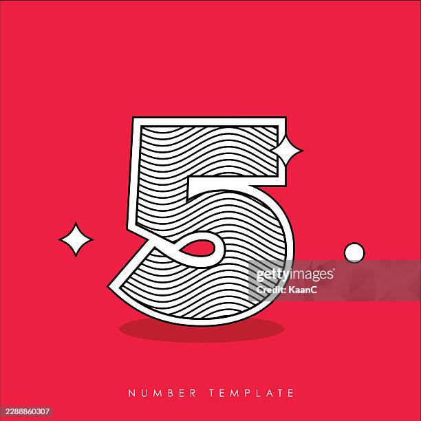 number 5 typography template with wavy line pattern on red background - elementary math stock illustrations
