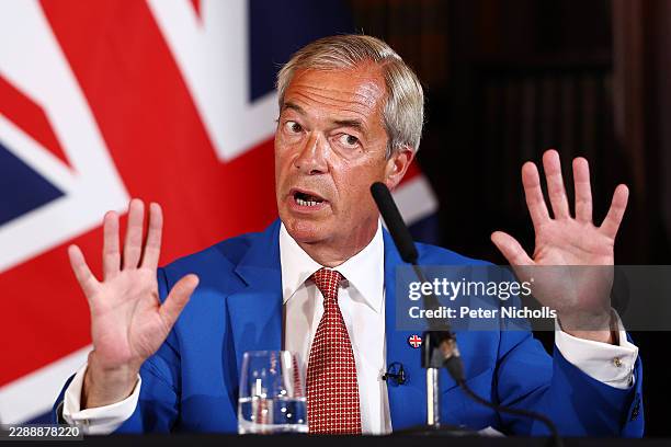 Reform UK leader Nigel Farage attends a press conference at Royal Horseguards Hotel on August 03, 2026 in London, England. Reform UK has announced...