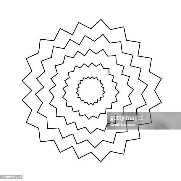 concentric black zigzag outlines form a layered starburst pattern centered on a white background, creating a clean geometric design with strong symmetry and repeating angular edges. - fibonacci stock illustrations