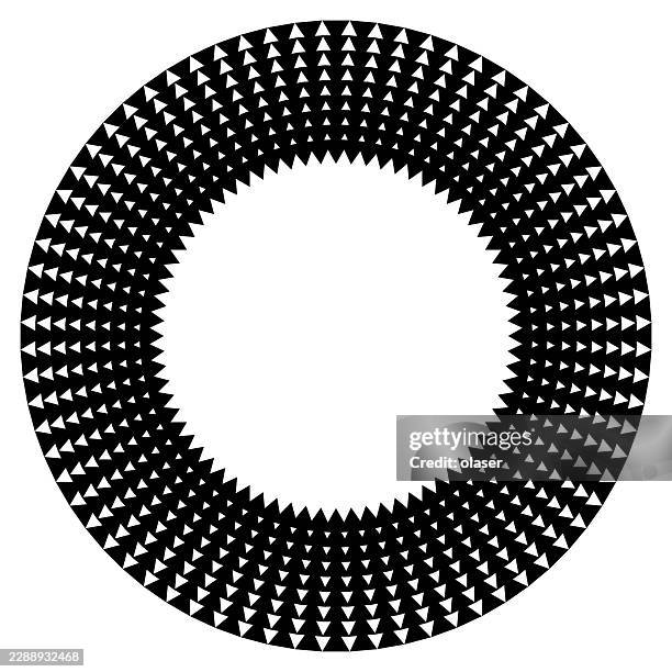 a black circular ring made of repeating small triangular shapes surrounds a blank white center on a white background. - tree ring pattern vector stock illustrations