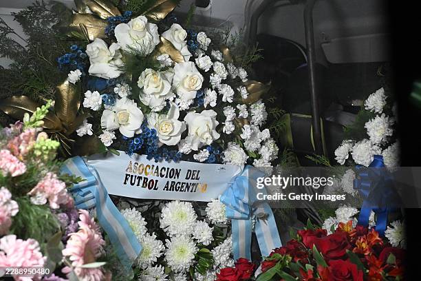 Wreath from the Argentine Football Association is seen at El Prado Cemetery, where Jorge Messi's remains will be laid in state for a private wake on...