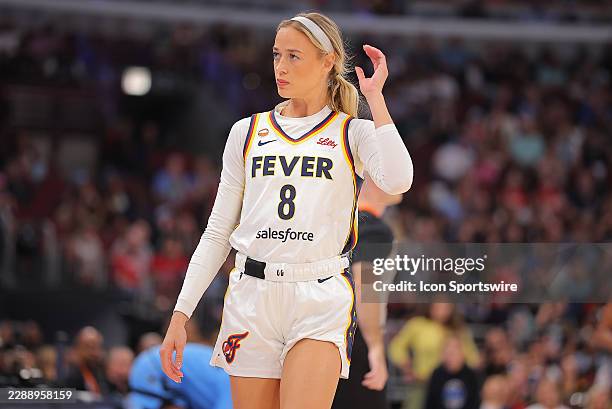 Sophie Cunningham of the Indiana Fever looks on during a game against the Chicago Sky on August 8, 2026 at the United Center in Chicago, Illinois.