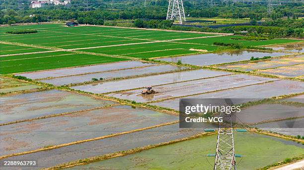 Farmer operates a rotary tiller to plow a field in preparation for late rice planting on August 3, 2026 in Lanxi, Zhejiang Province of China. Farmers...