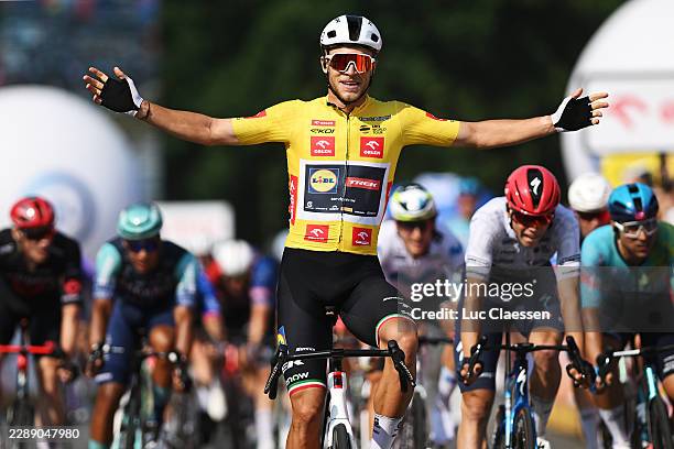 Jonathan Milan of Italy and Team Lidl - Trek - Yellow Leader Jersey celebrates at finish line as stage winner during the 83rd Tour de Pologne 2026 -...