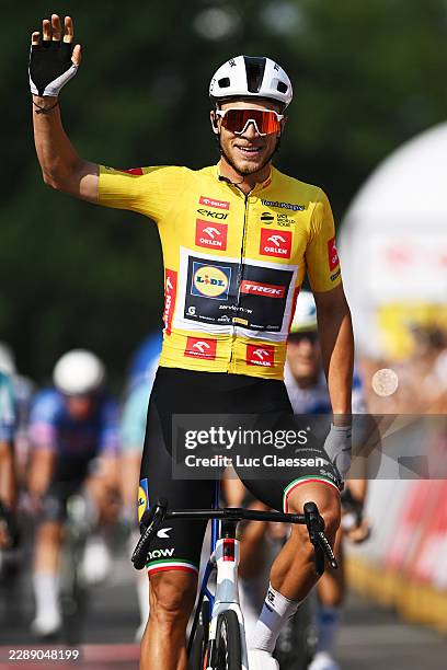 Jonathan Milan of Italy and Team Lidl - Trek - Yellow Leader Jersey celebrates at finish line as stage winner during the 83rd Tour de Pologne 2026 -...