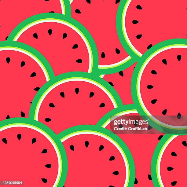 overlapping fresh round watermelon slices seamless pattern - watermelon background stock illustrations