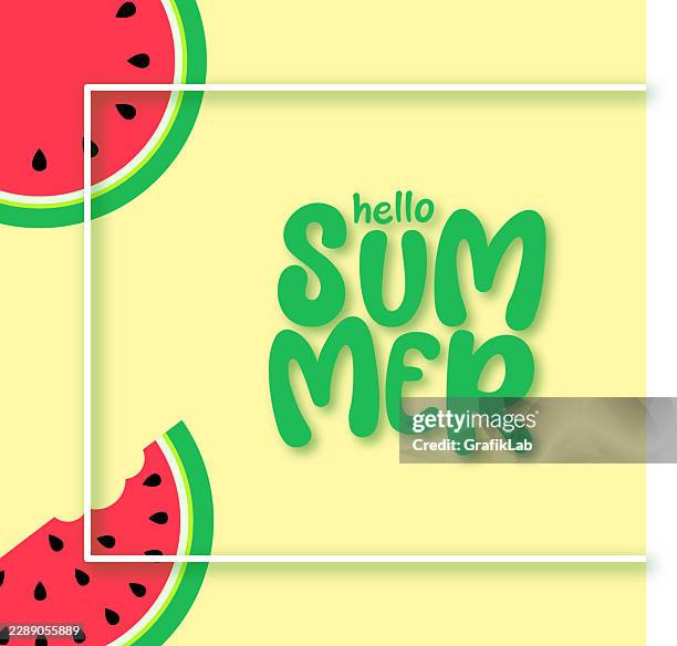 watermelon slices around a square frame and hello summer typography - hello summer stock illustrations
