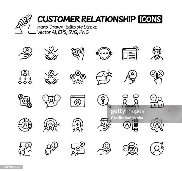 customer relationship hand drawn doodle line icon set. editable stroke vector icons. - personalized service stock illustrations
