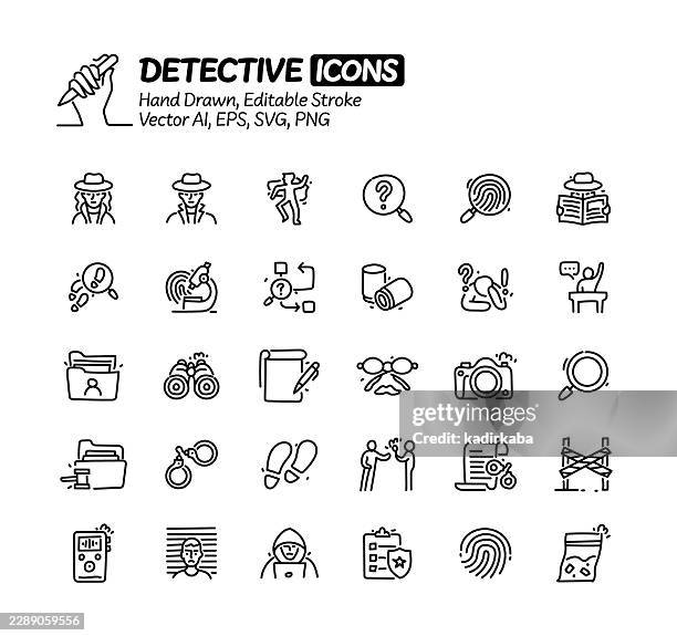 detective hand drawn doodle line icon set. editable stroke vector icons. - interview camera stock illustrations