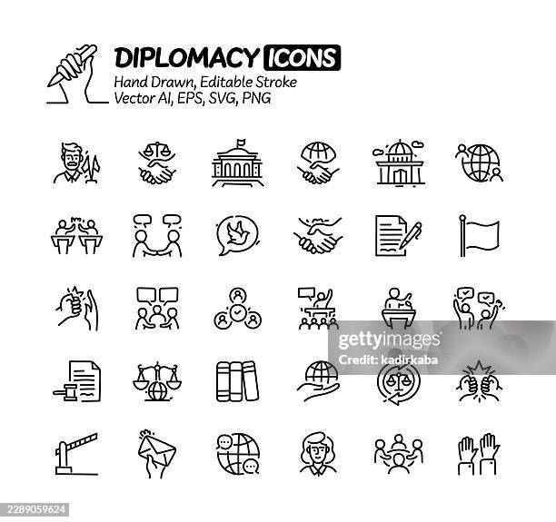 diplomacy hand drawn doodle line icon set. editable stroke vector icons. - international law stock illustrations