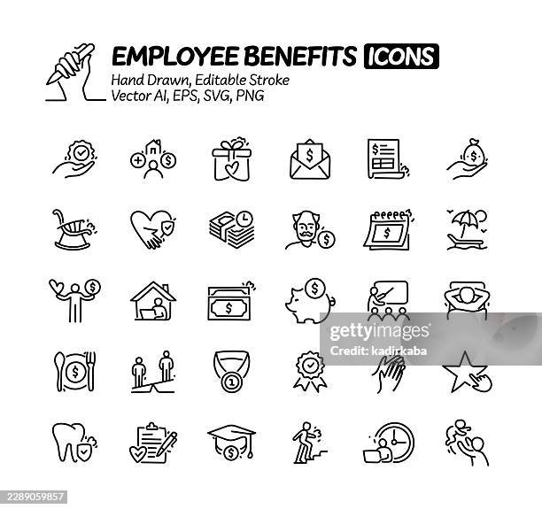 employee benefits hand drawn doodle line icon set. editable stroke vector icons. - equal pay stock illustrations