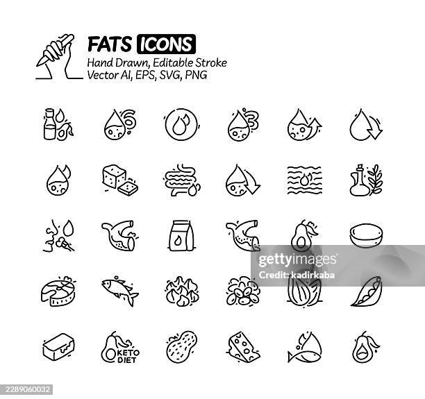 fats hand drawn doodle line icon set. editable stroke vector icons. - tofu stock illustrations
