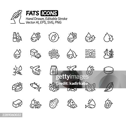 Fats Hand Drawn Doodle Line Icon Set. Editable Stroke Vector Icons. Fats Hand Drawn Doodle Line Icon Set. Editable Stroke Vector Icons.