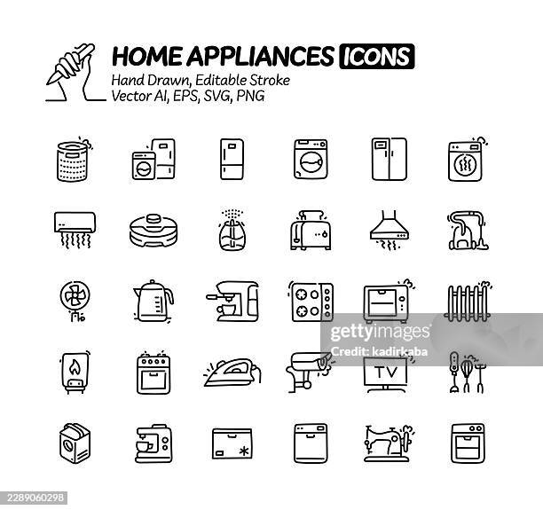 home appliances hand drawn doodle line icon set. editable stroke vector icons. - humidifier stock illustrations