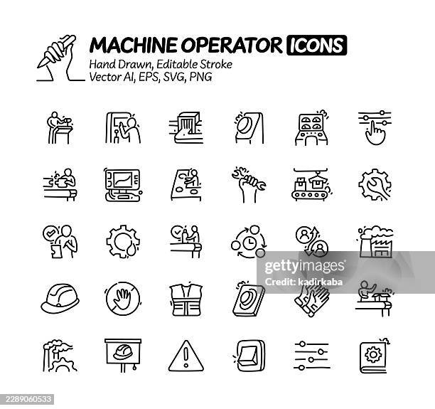 machine operator hand drawn doodle line icon set. editable stroke vector icons. - construction inspector stock illustrations