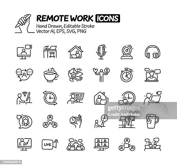 remote work hand drawn doodle line icon set. editable stroke vector icons. - remote work break stock illustrations
