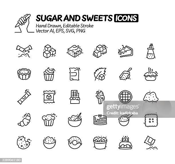 sugar and sweets hand drawn doodle line icon set. editable stroke vector icons. - stevia stock illustrations