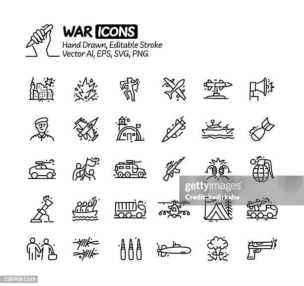 world war hand drawn doodle line icon set. editable stroke vector icons. - human migration stock illustrations