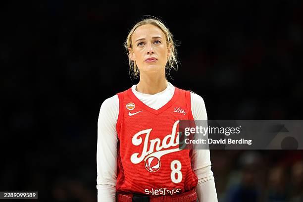Sophie Cunningham of the Indiana Fever looks on against the Minnesota Lynx in the fourth quarter at Target Center on August 02, 2026 in Minneapolis,...