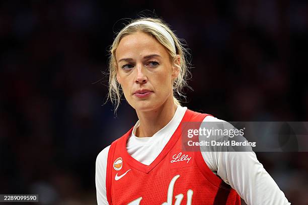 Sophie Cunningham of the Indiana Fever looks on against the Minnesota Lynx in the first quarter at Target Center on August 02, 2026 in Minneapolis,...