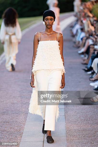 Model walks the runway during the By Malene Birger show at Copenhagen Fashion Week Spring/Summer 2027 on August 04, 2026 in Copenhagen, Denmark.