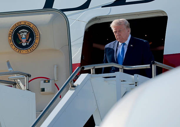 President Donald Trump steps off Air Force One after arriving at Los Angeles International Airport on August 04, 2026 in Los Angeles, California....