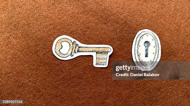 unlocking lock with a key. protection, solution & opportunity - antique key hole stock illustrations