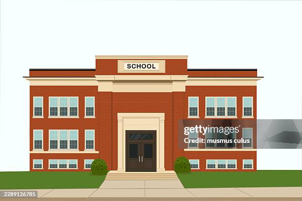 front view of a traditional brick school building with main entrance flat vector illustration - classroom door stock illustrations