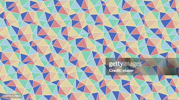 multicolored geometric pattern composed of small triangles in blue, green, beige, and brown tones arranged randomly on a smooth surface. - random access memory stock illustrations