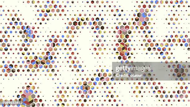 scattered multicolored hexagonal mosaic pattern on a light cream background, with clusters and open spaces creating a soft geometric texture across the surface. - dappled light stock illustrations
