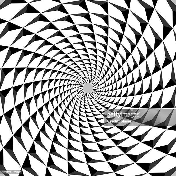 black and white geometric spiral pattern made of repeating triangular shapes radiating toward a central point, creating strong optical movement and visual depth. - surface tension stock illustrations