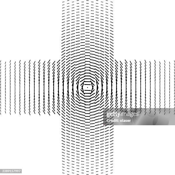 black curved dashes form a cross-shaped pattern on a white background, converging into a small circular center with radiating concentric arcs and clean geometric symmetry. - tangle pattern stock illustrations