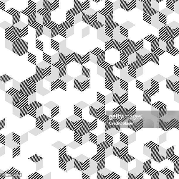 black and white geometric pattern of repeating striped hexagonal cubes scattered across a white background, creating a clean isometric optical design. - isometric grid stock illustrations