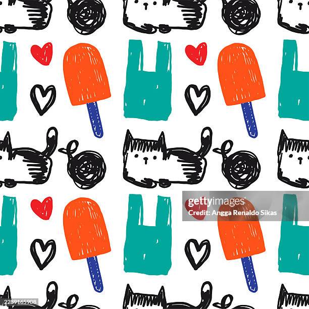 cat, plastic bag, flavored ice and heart shape doodle seamless pattern - yarn stock illustrations